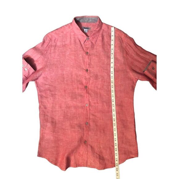 DKNY red/pink and white button down pure linen space dye chambray long sleeves - Picture 8 of 12